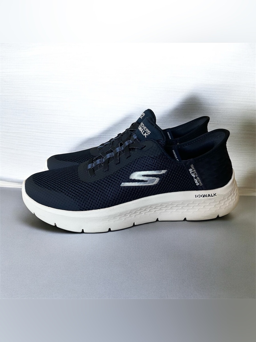 Skechers Navy and White GOwalk Slip-On Mesh Sneakers, 8.5